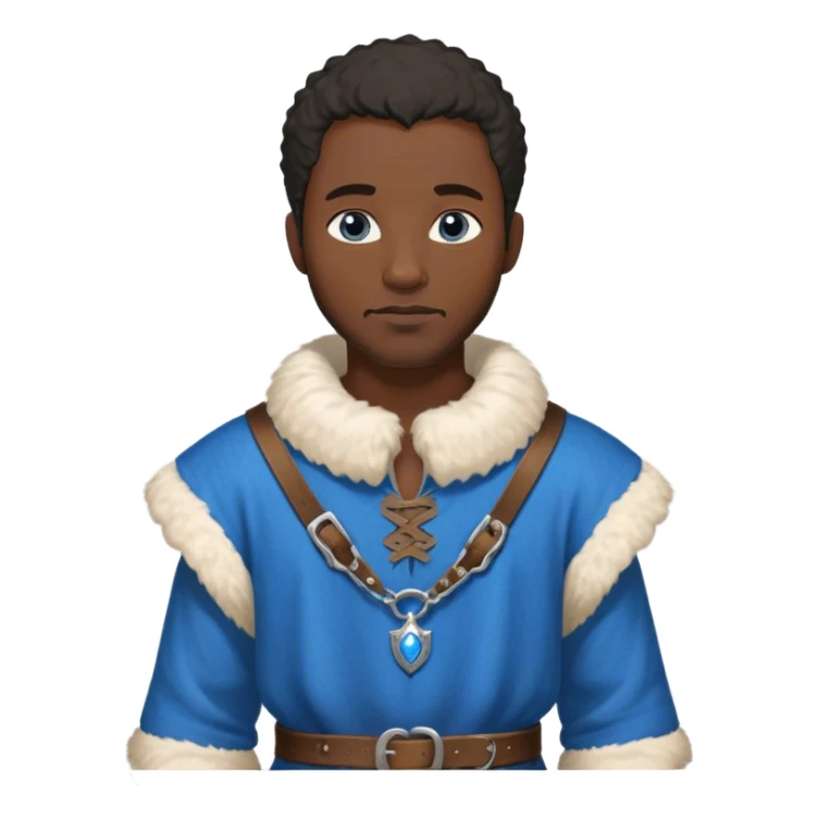 medieval outfit worn by a DnD themed fantasy character. basic rough-spun tunic with a fur-lined collar and a leather strap across the chest. clothes only above the waist. The clothes full waist. The character's haven't arms. character is bald, blue eyes, blacked-skinned man. sticker