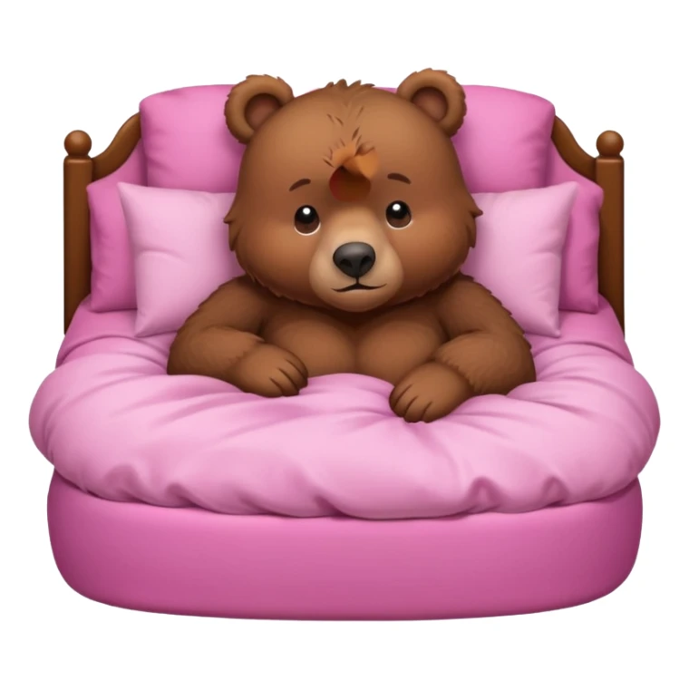 A cute brown bear in a pink bed, tucked in and looking forward, trying to fall asleep. sticker