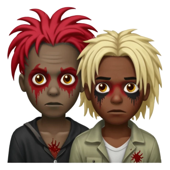make two zombie boys, preferably black, both with dreadlocks, one with short hair, half blond and half black, and the second with long dreadlocks (up to the shoulder) with red roots and black tips  sticker