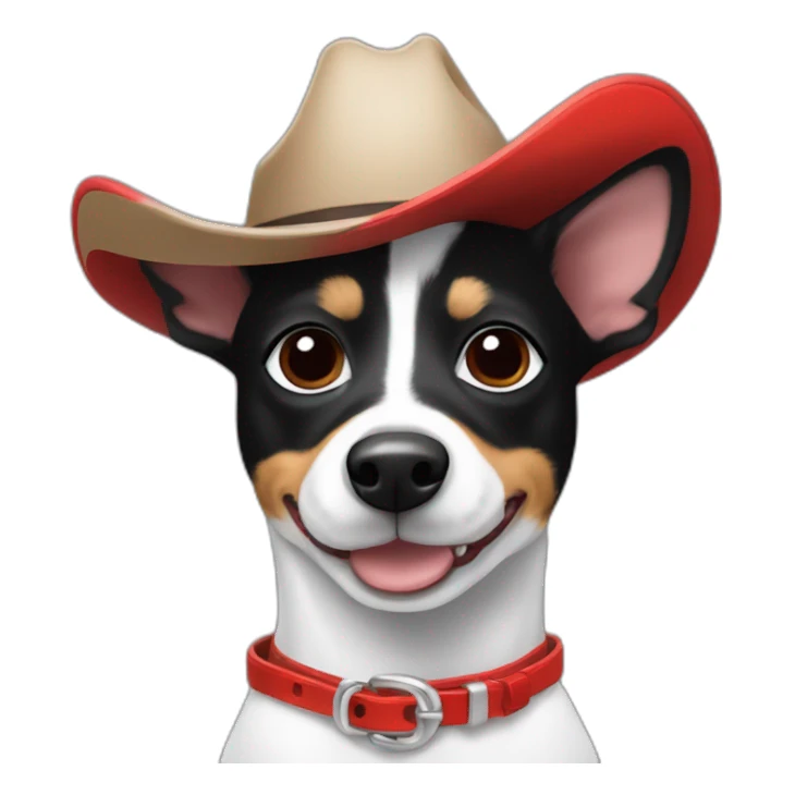 rat terrier wearing a cowboy hat and red collar smiling no brown (black and white) sticker
