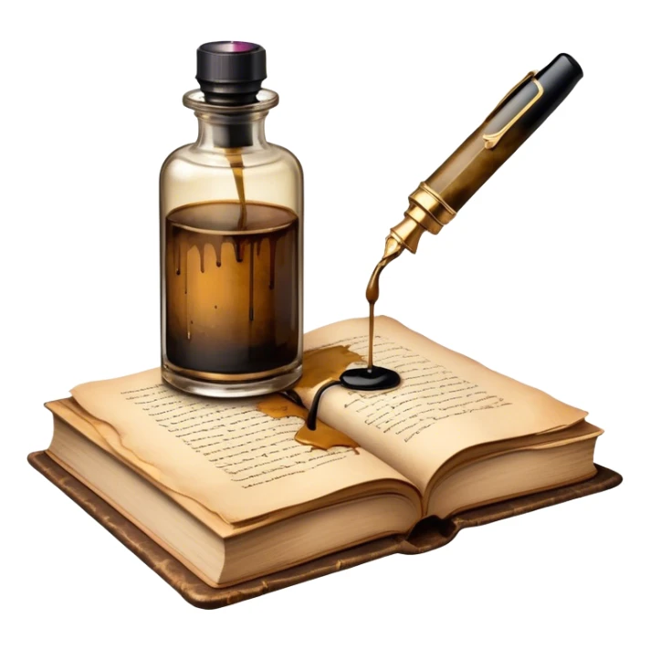 Create a vibrant emoji representing prose writing with an old-style, antique look. The design should include semi-turned pages of an old book with unfinished prose written on them. Add a vintage ink bottle (inkwell) and a classic fountain pen or quill with black or dark blue ink flowing onto the pages. Use warm, earthy tones like deep browns, golds, and creams for the book and ink bottle, with subtle ink splatters for an artistic touch. The overall style should evoke a sense of timeless storytelling and literary craftsmanship. Make the background transparent. sticker
