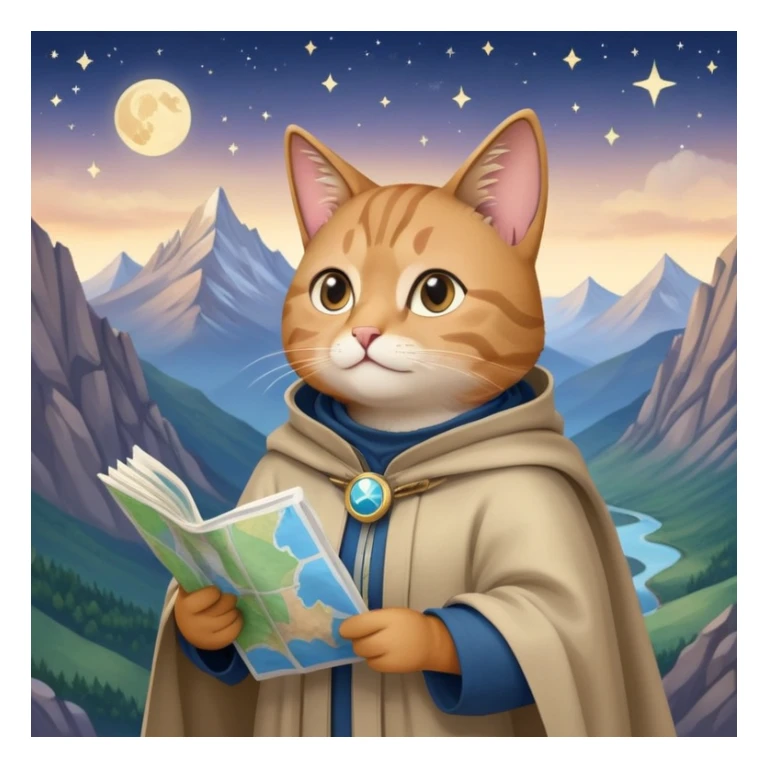 Explorer cat holding a map, mountains and stars in background, wearing light explorer clothing with flowing cloak, looking into distance sticker