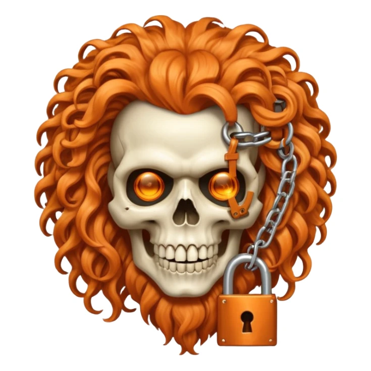 cinematic realistic steampunk Megadeth iconic skull mascot with a padlock in his teeth, orange curly huge hair sticker