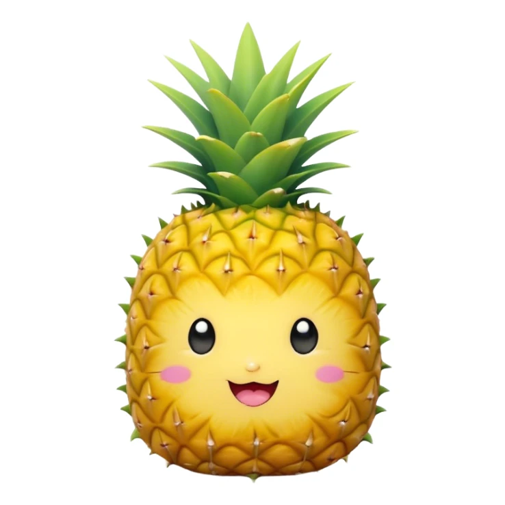 Cute Kawaii Pineapple, tiny and round, bright golden yellow with a spiky green top, chubby cheeks, playful winking expression, soft pastel textures, sweet and tropical vibes! sticker