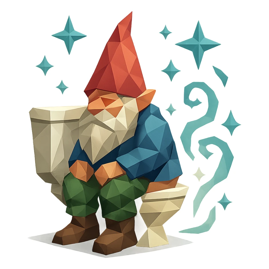 polygonal style gnome on a toilet, magical effects, low-poly look sticker