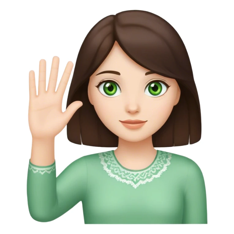 brunette girl with  with green eyes waving greeting with one hand sticker