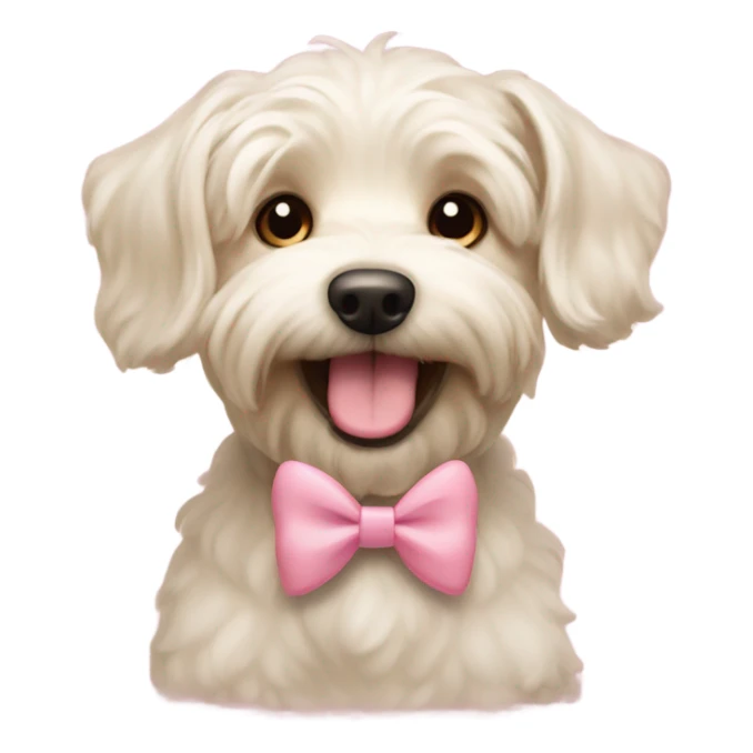 Cream westiepoo with light brown ears and muzzle smiling and sitting pretty with pink bows sticker