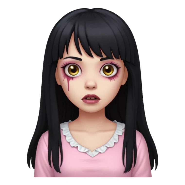light-skinned black zombie girl with long black hair and bangs, wearing a light pink blouse sticker