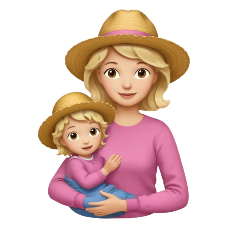A cheerful wavy short blond hair mom in a straw hat carrying her child, wearing a pink sweater sticker