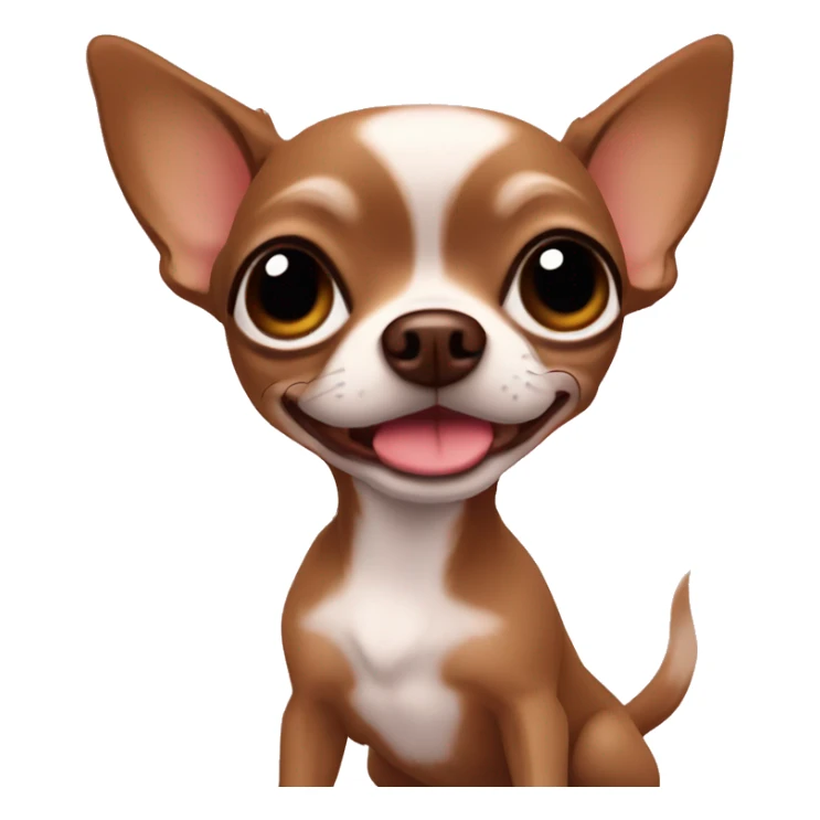 A little brown chocolate chihuahua in front of a laptot sticker