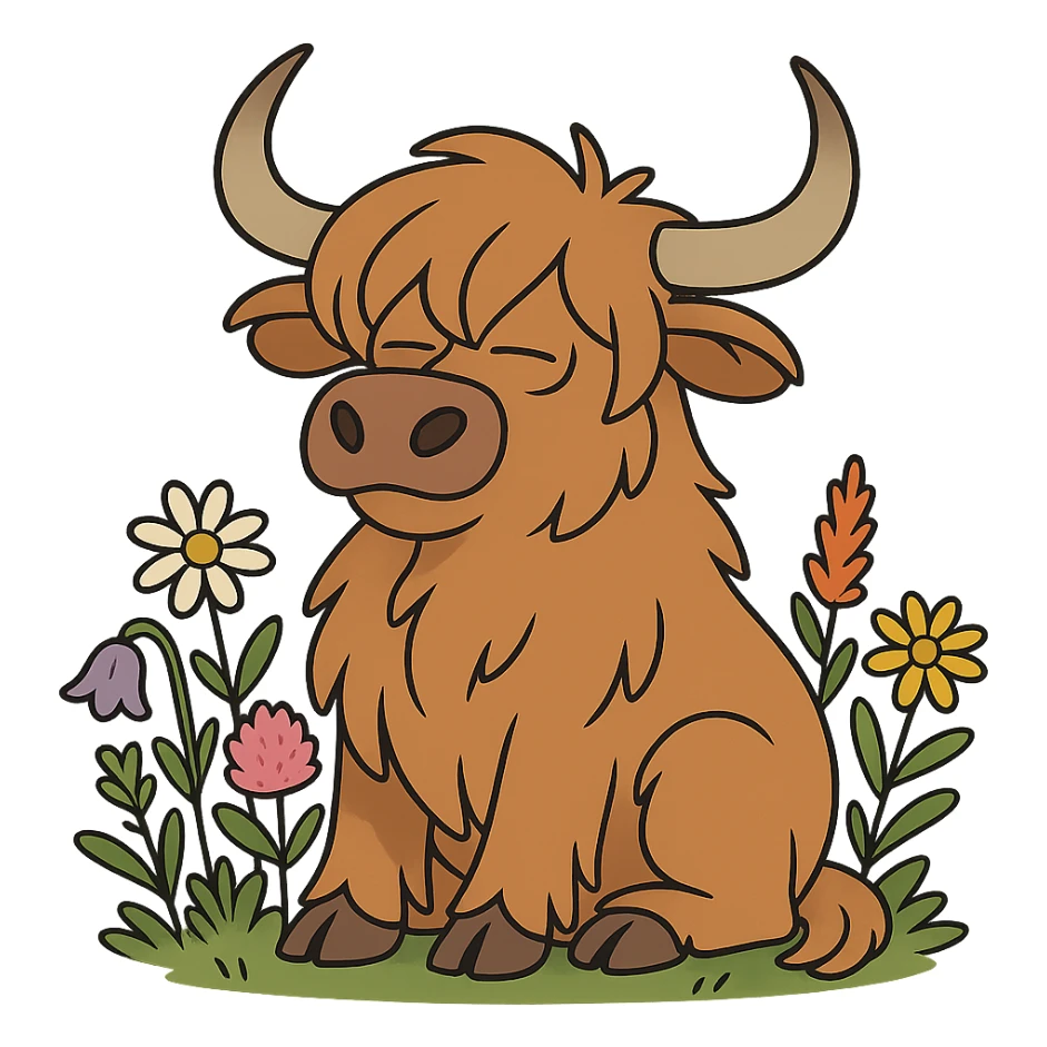 highland cow surrounded by wildflowers, cartoon style sticker