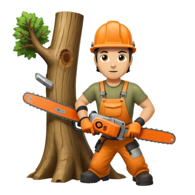 professional arborist cutting down a large tree with chainsaw, wearing safety helmet and protective gear. Scene includes detailed tree trunk, falling wood pieces, forest background, dynamic movement, and emphasis on expertise and safety in tree removal sticker