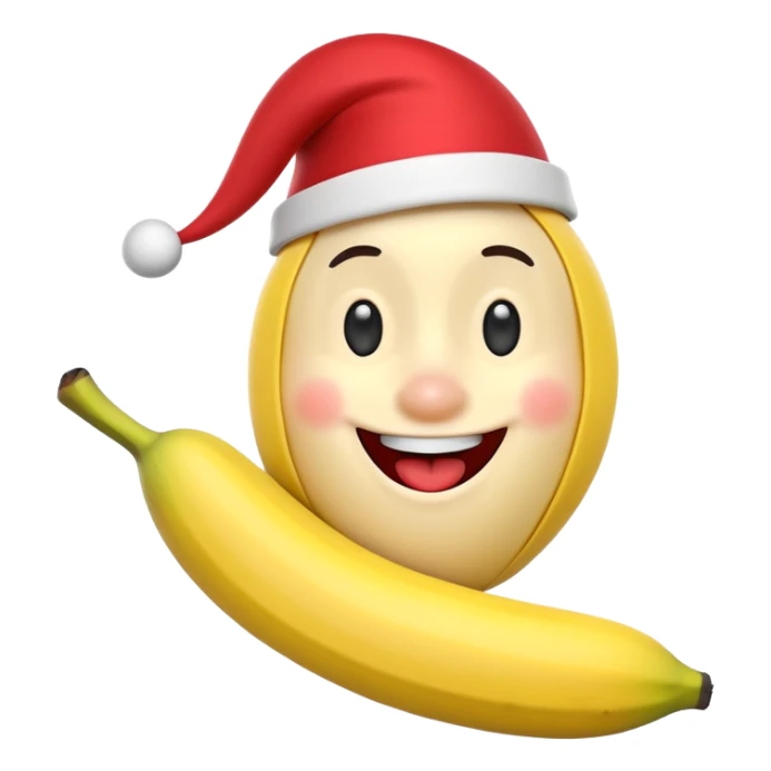 A 3D cartoon banana with a red nose and tiny hat, smiling face, playful pose, Memoji-style. sticker