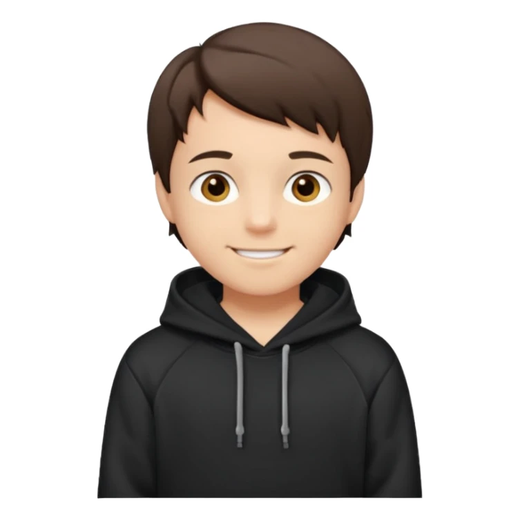 A brunette boy, short straight hair, light brown eyes, with a black sweatshirt with a hoodie, and smile  sticker