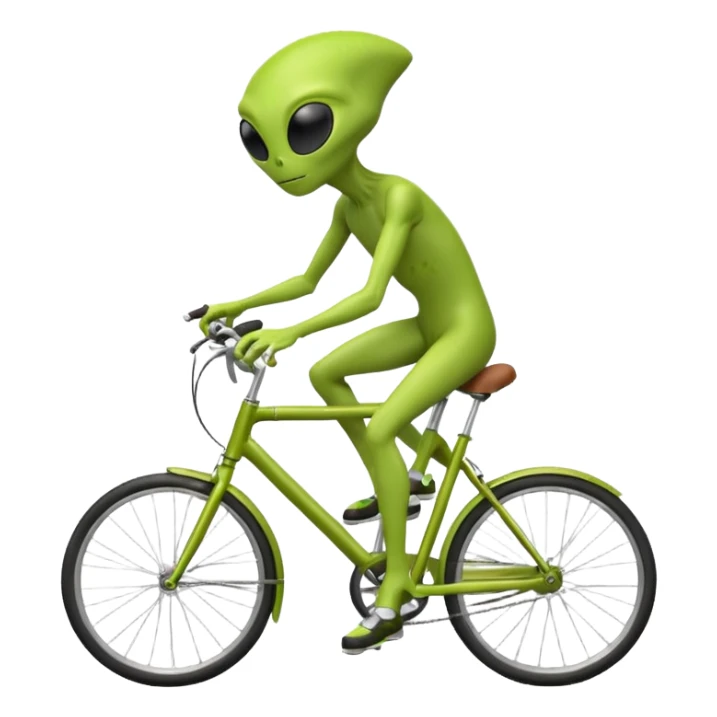 green alien riding a bicycle, big black eyes, thin body, casual cycling pose, playful sci-fi vibe, 3D cartoon, mobile game icon style, clean background, no text, no watermark
 sticker