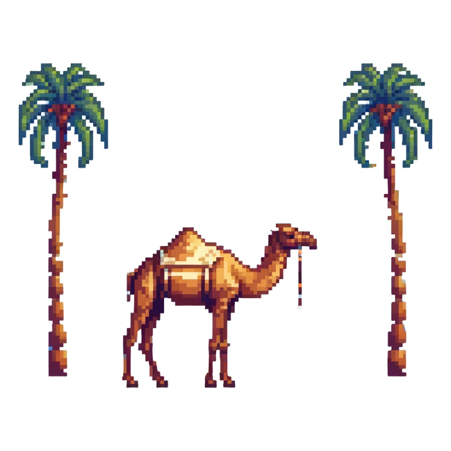 Desert landscape with camel and palm trees, Saudi Arabia sticker