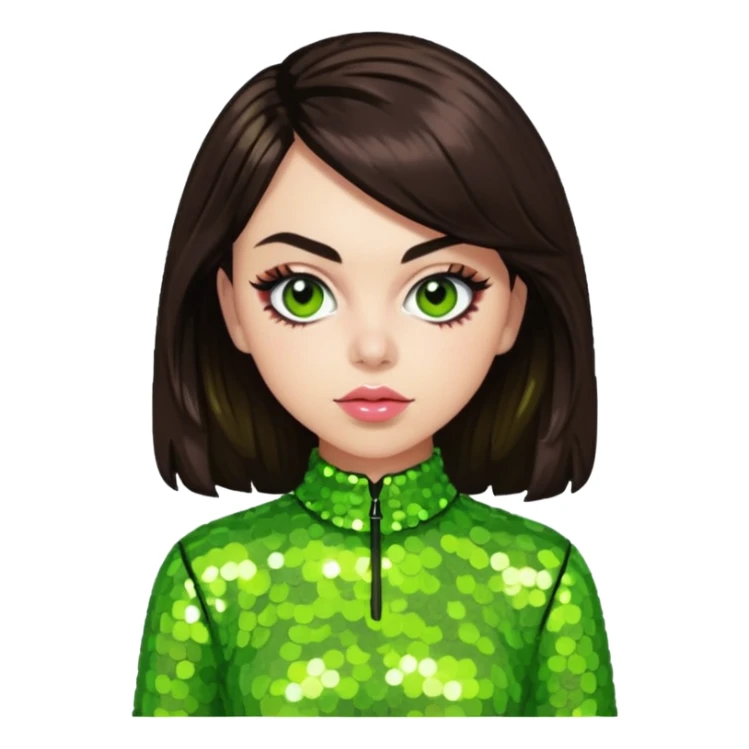 Charli XCX with dark brown hair, lime green sequin outfit sticker