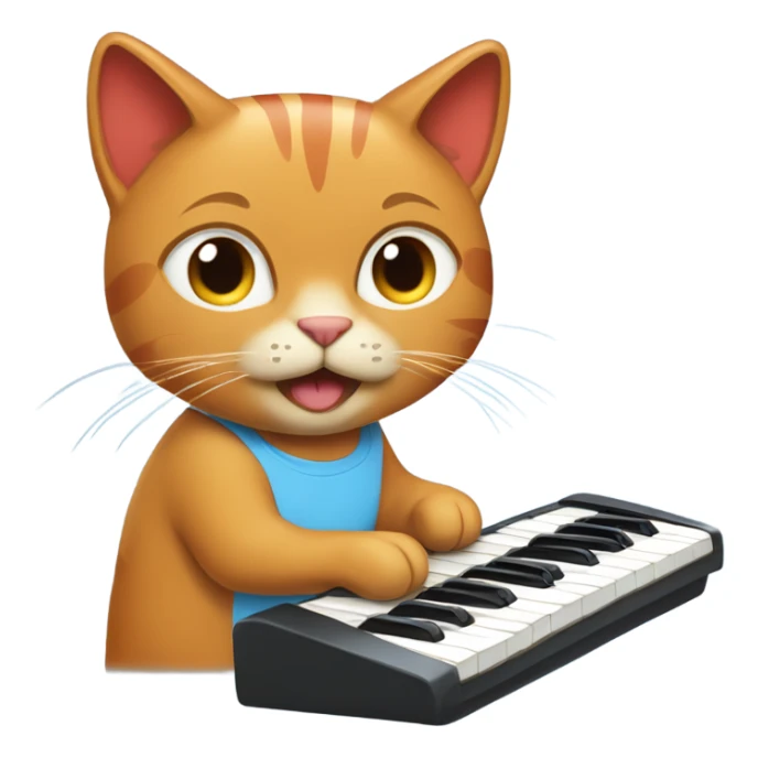 tan-red cat wearing a light-blue t-shirt taps musical keyboard sticker