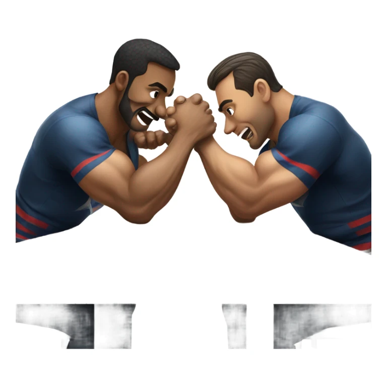 Two men armwrestling sit in front of a table sticker