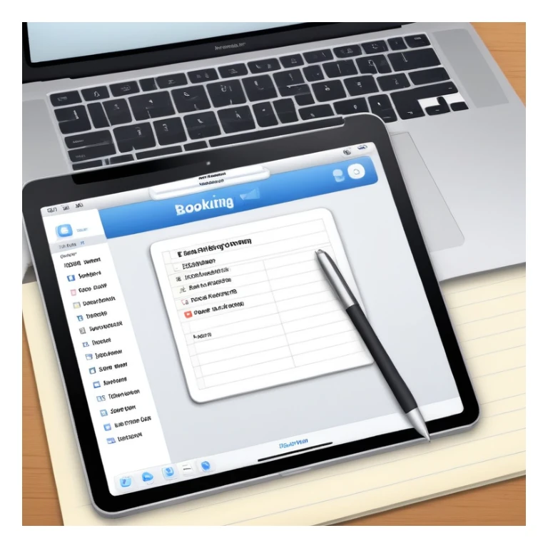 online booking system on MacBook screen next to an old-style paper notebook with a pen sticker