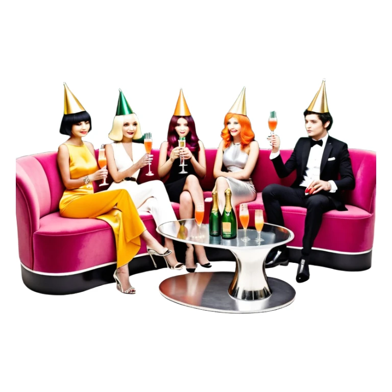 ourselves around a banquette, a long, curved sofa adjacent to two small low tables brimming with bottles of Perrier-Jouët champagne, Belvedere vodka, carafes of orange juice and cranberry juice in silver ice buckets, and neat little stacks of glass tumblers. The table is right next to the DJ booth sticker