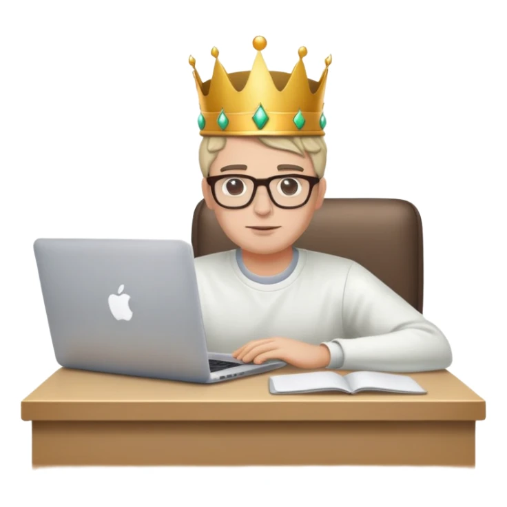 Man in glasses with crown on his head sat at the desk with MacBook  sticker