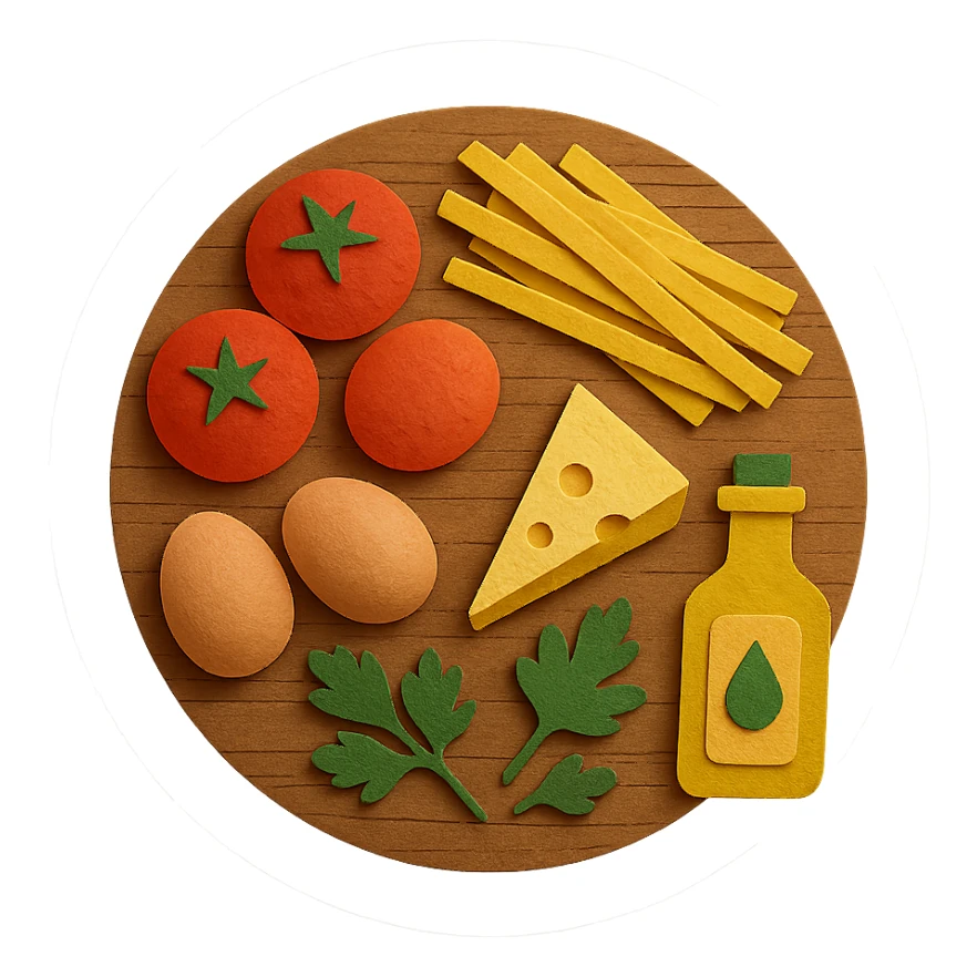 A realistic top-down view of a wooden kitchen table with various common ingredients neatly arranged (like tomatoes, pasta, eggs, cheese, herbs, olive oil). The background should be dark and soft to match a modern app interface. Lighting should highlight the ingredients naturally, with soft shadows. No text, no hands, minimalistic but warm and homely, like a mobile UI background for a cooking app. Should be circle sticker