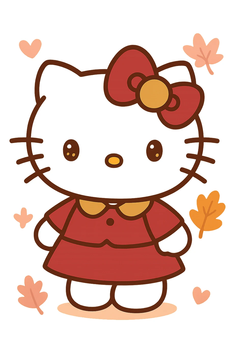 Hello Kitty Autumn Style, with a burgundy and metallic gold bow, and a matching outfit sticker