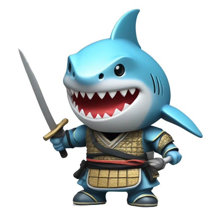 A 3D-style chrome figurine of a shark in a samurai outfit. sticker