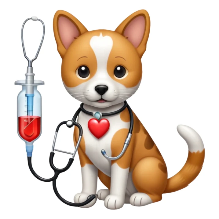 An icon featuring a stethoscope, a paw print, and a veterinary syringe, symbolizing veterinary medicine. The design includes a dog, a cat, and a heart, representing animal care, treatment, and health. Transparent background highlights the science of veterinary practice and animal welfare. sticker