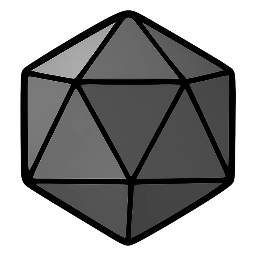 dark grey icosahedron, minimal, flat style, no background sticker
