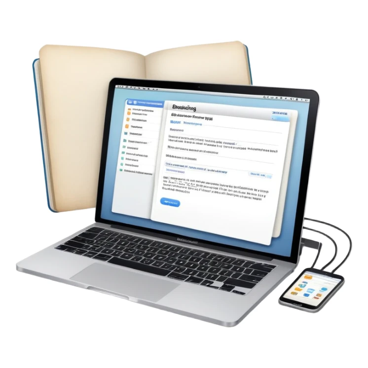 online booking system on MacBook screen next to old-style paper notebook with pen sticker