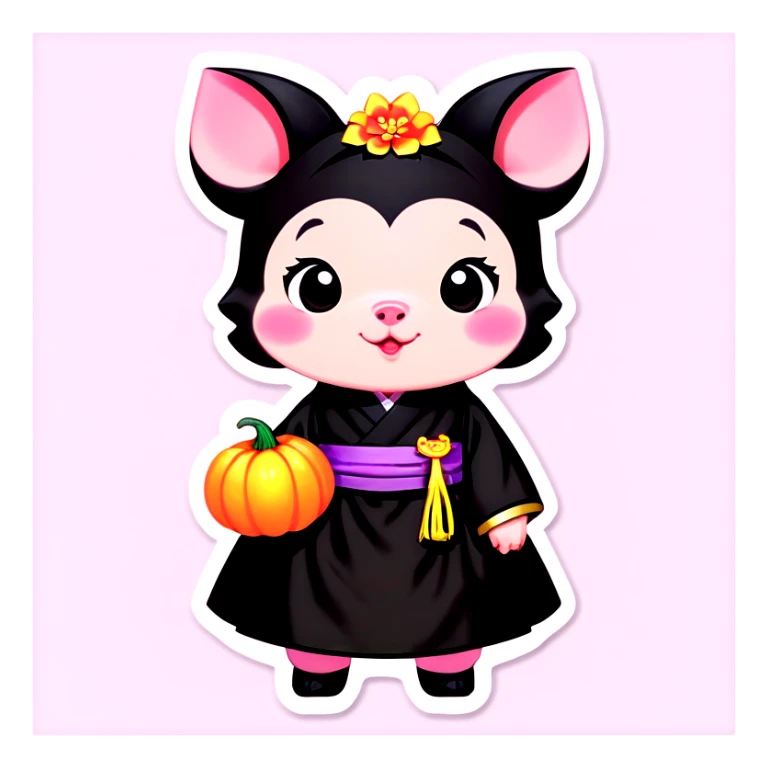 A black piglet wearing genderless hanbok with "luck” written on it and holding a pumpkin. sticker