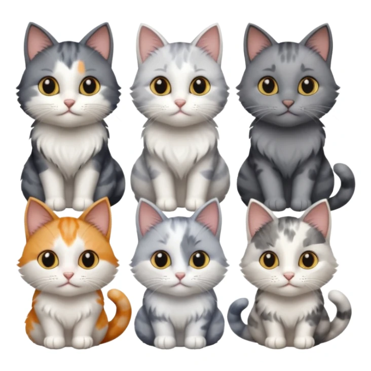 6 realistic looking cats with different natural coloured coats, assorted grey and white, greys, calico colours etc
 sticker