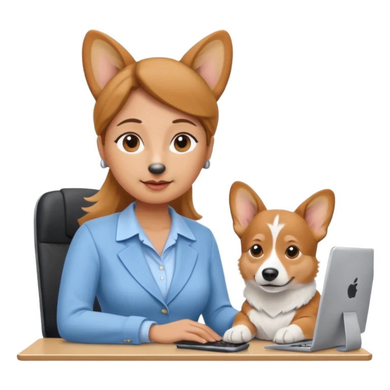perrita caricatura gorgi gales ejecutiva con ropa celeste claro mujer frente a computadora sticker