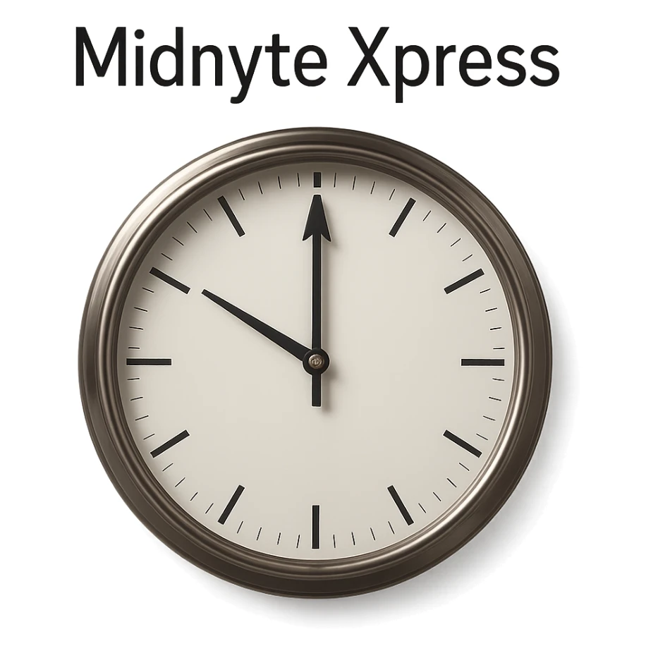Make this clock at midnight with 'Midnyte Xpress' above look more realistic, featuring a metallic clock frame, glass face, and realistic shadows. Keep the text above in a clean font. No background, transparent background. sticker