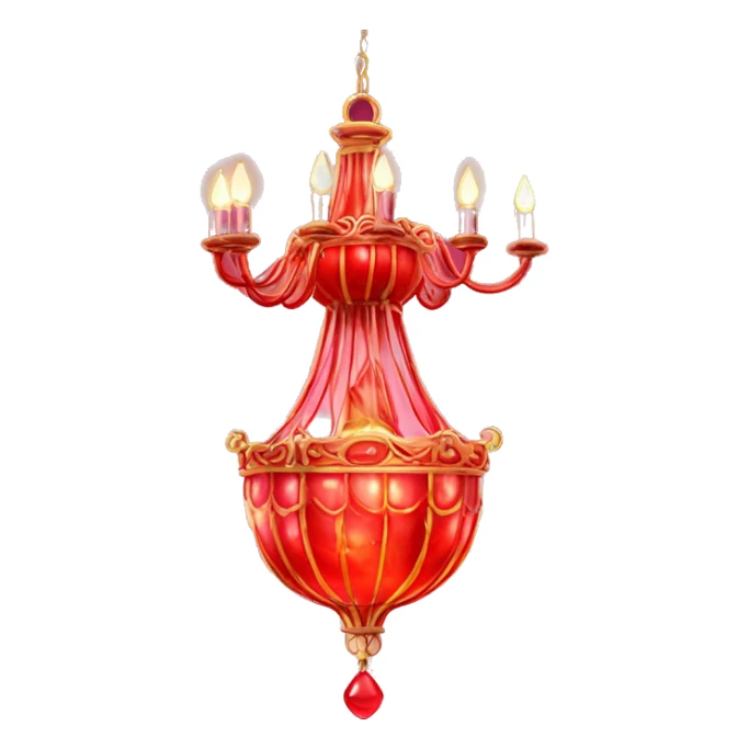 glowing red chandelier with a bottom of perfume on top sticker