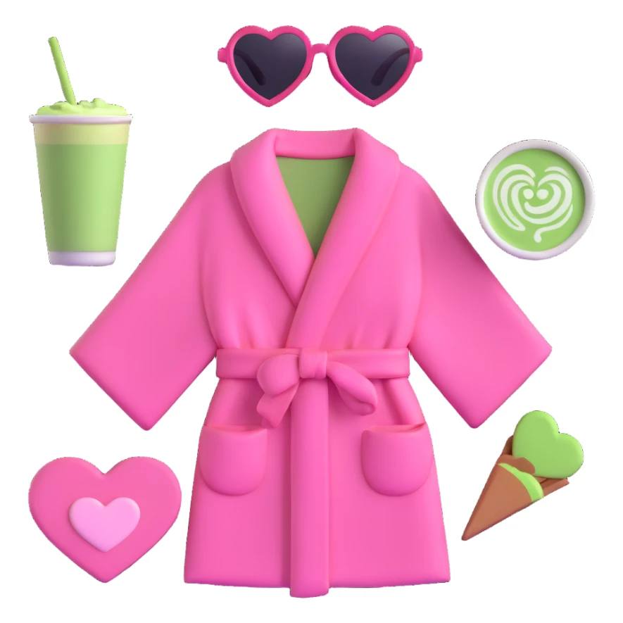 pink robe, heart-shaped sunglasses, matcha latte, and makeup palette arranged together sticker