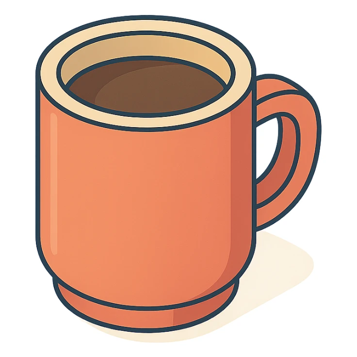 side view of a coffee mug, 2D isometric style, soft rounded shapes, clean contours, pastel palette, detailed shadows and highlights, modern illustration, transparent background sticker