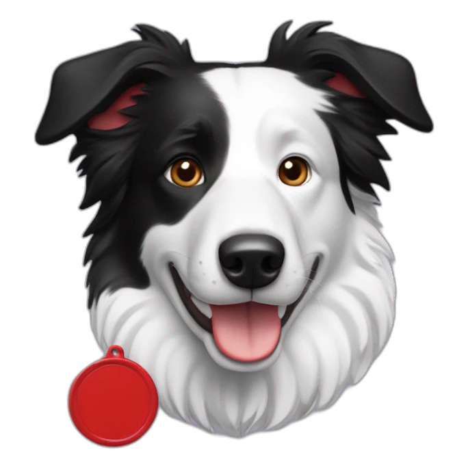 A black and white border collie with an skewed to the left white spot on his head and a red plaque sticker