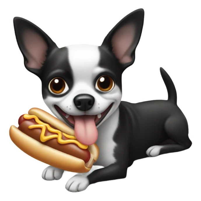 Black and white chihuahua eating a hot dog sticker