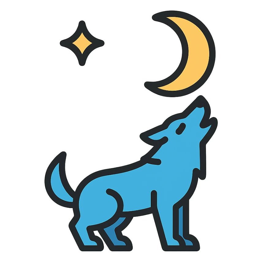 a visually striking illustration of a wolf howling at a crescent moon with a star sticker