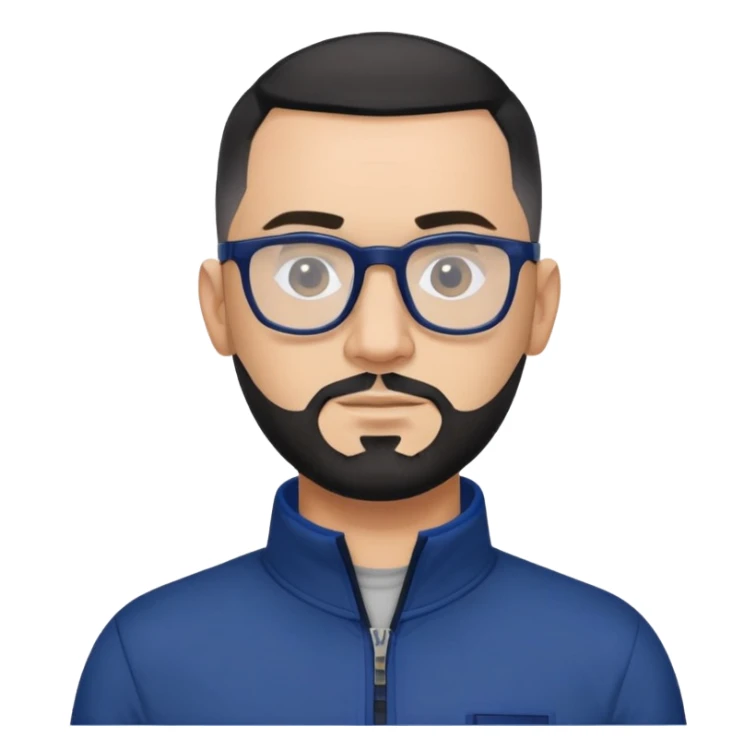 Light-skinned 40-year-old male with buzzcut black hair, gray short beard, black-framed glasses, navy blue zip-collar sports long sleeve shirt sticker