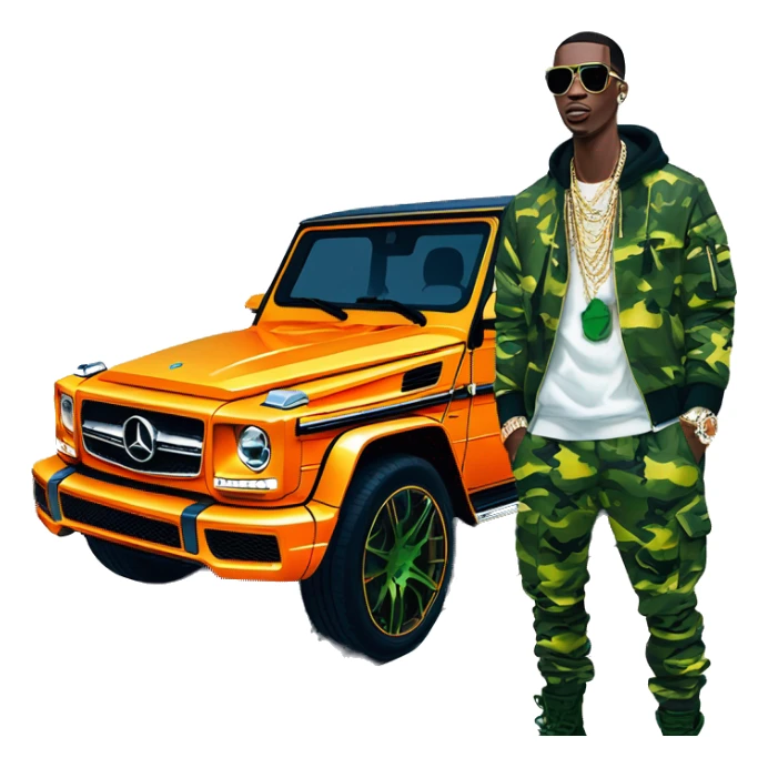 rapper,Young Dolph luxury clothes,blue diamond chain on,near his car, just opened drivers side car door to his all orange and green colored,whole car painted army camouflage, Mercedes G Wagon sticker