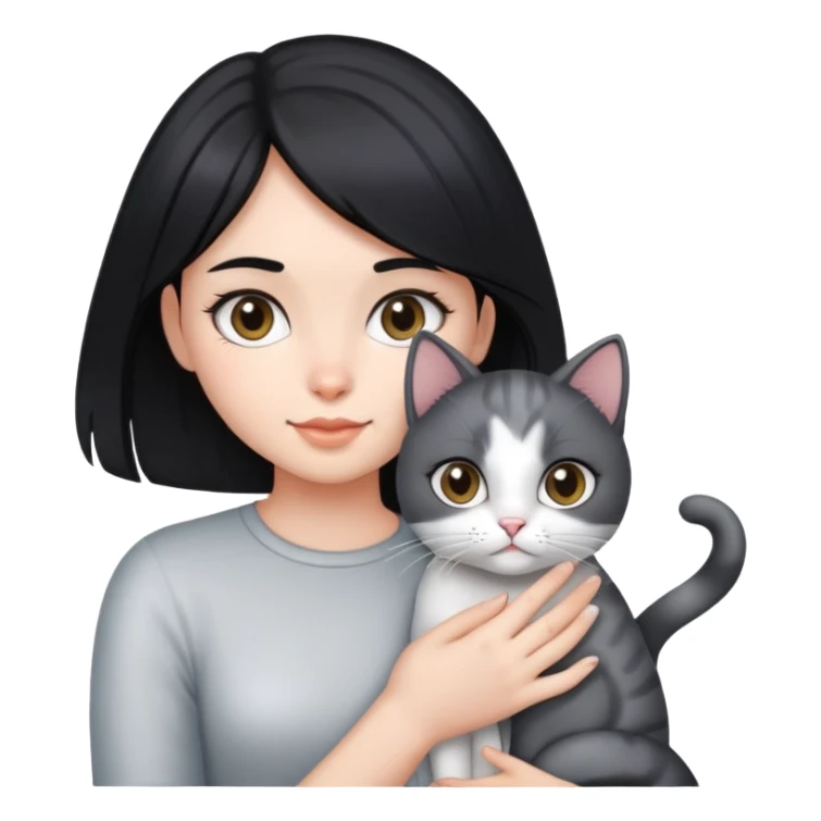 A black-haired girl holding a silver-colored cat sticker