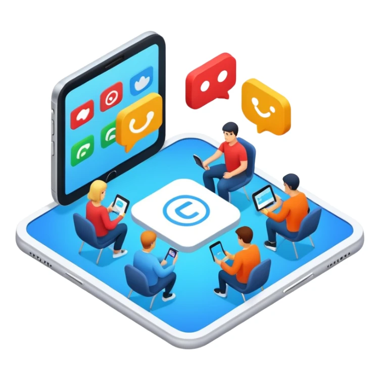 isometric, image of multi-channel experience with Teams, Mobile, Chat, Portal sticker