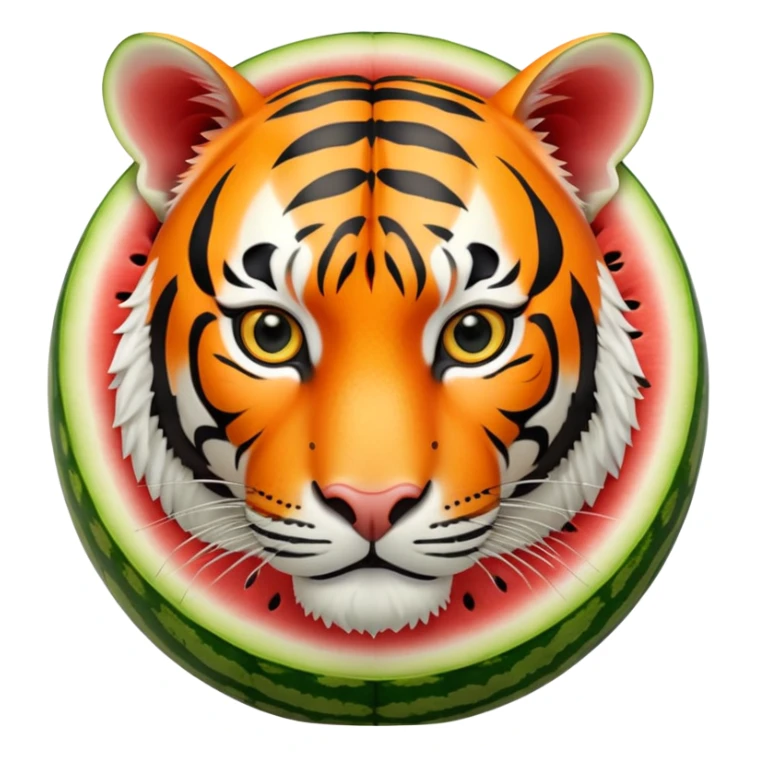 A round watermelon with green rind and a realistic tiger head attached to it sticker