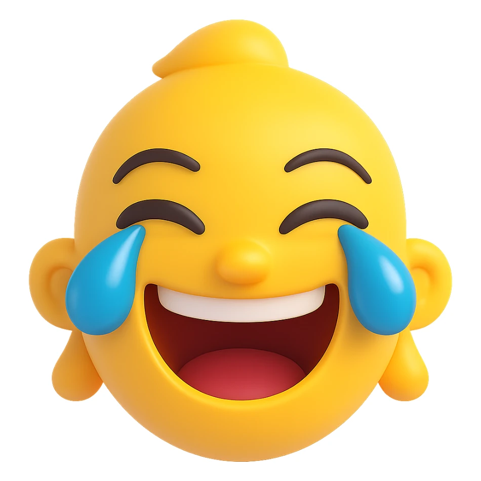 Create a cry-laughing emoji with large blue tears streaming from the eyes in the style of Microsoft 3D fluent emojis. The emoji should have no background and keep the original 3D Microsoft fluent style look. sticker