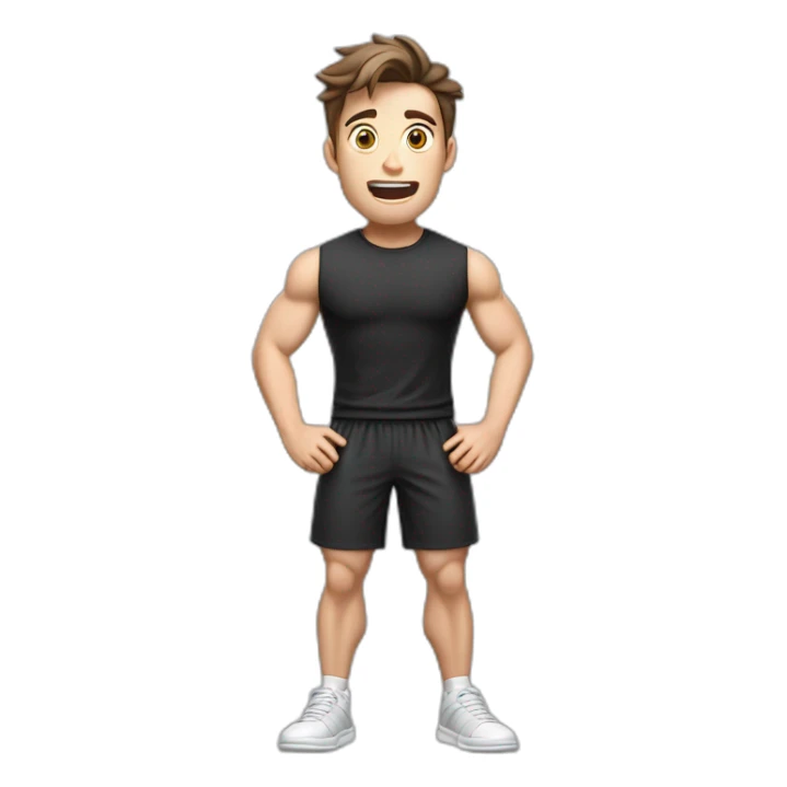 amazed Open with surprise mouth Pale skinned Fit Man With the biceps and dark brown hair in black shirt, gray sports shorts and white Sneakers sticker