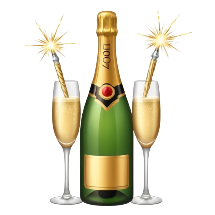 champagne bottle and champagne glasses and champagne sparklers on the bottle sticker